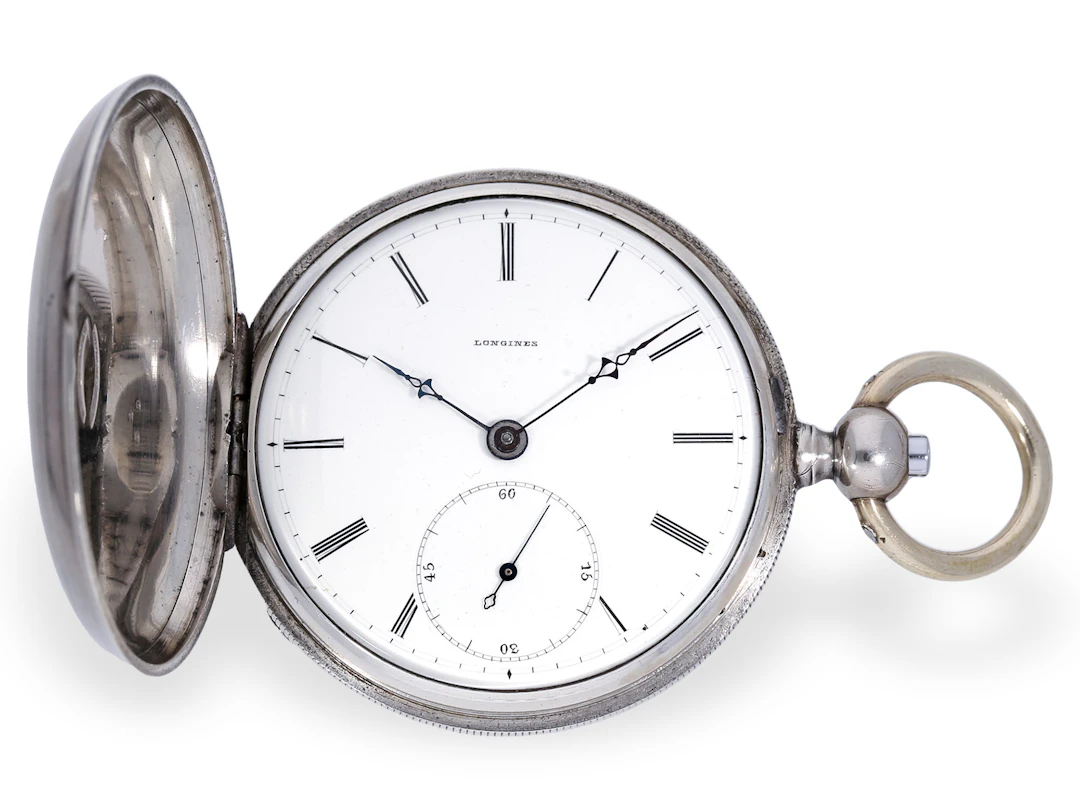 Pocket watch: Longines rarity, early hunting case pocket watch with