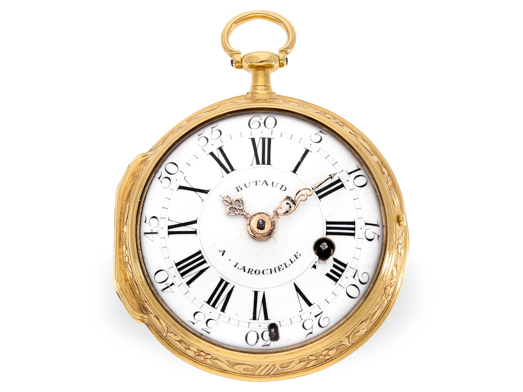 Pocket watch: 20K gold verge watch with a rare relief case, Butaud