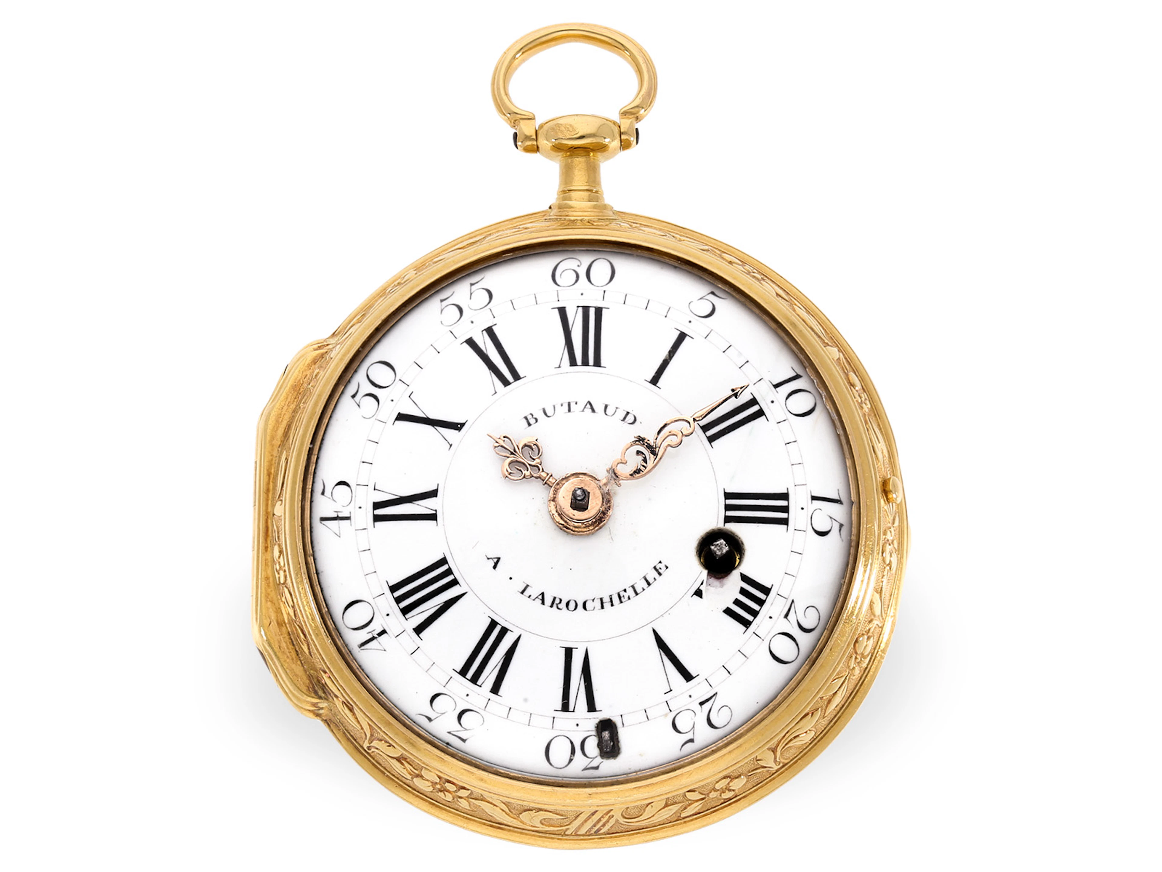 Pocket watch: 20K gold verge watch with a rare relief case, Butaud
