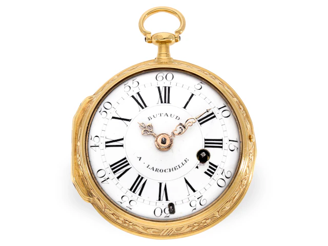 Pocket watch: 20K gold verge watch with a rare relief case, Butaud