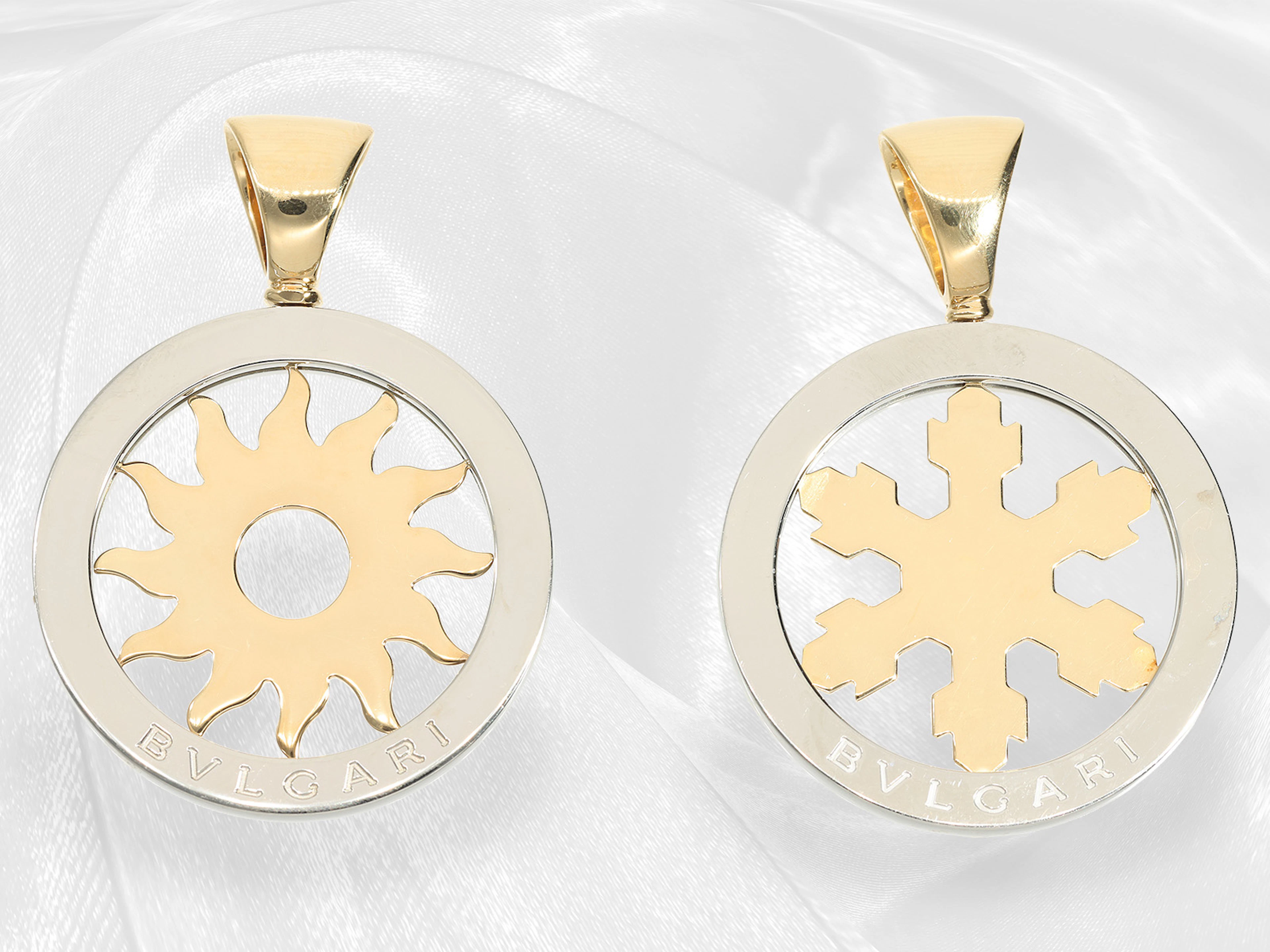 2 large Bvlgari ‘Tondo Sun’ pendants, Italian designer jewellery