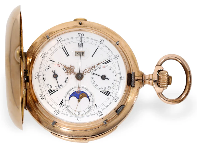 Pocket watch: heavy hunting case pocket watch with 6 complications