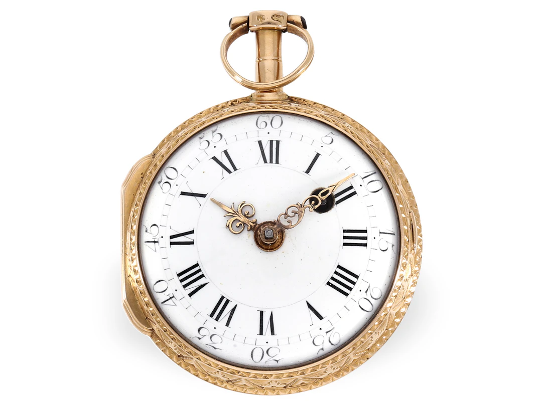 Pocket watch: gold Louis XV verge watch with relief case, Gilbert Paris 1767
