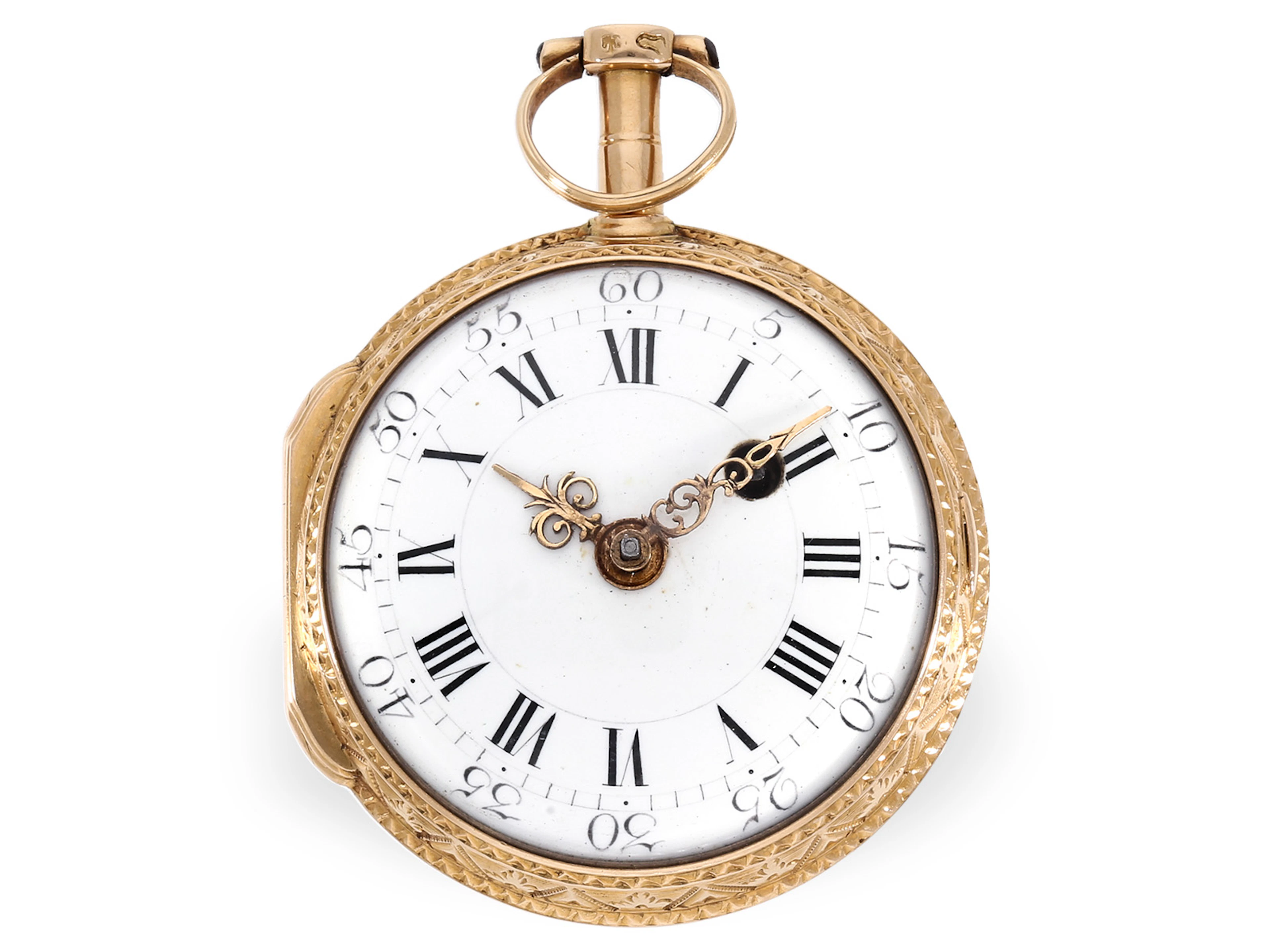 Pocket watch: gold Louis XV verge watch with relief case, Gilbert Paris 1767