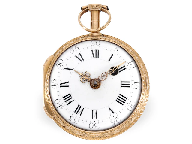 Pocket watch: gold Louis XV verge watch with relief case, Gilbert Paris 1767