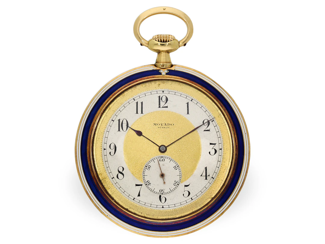 Pocket watch: elegant, ultra-slim Movado gold/enamel dress watch, circa 1920