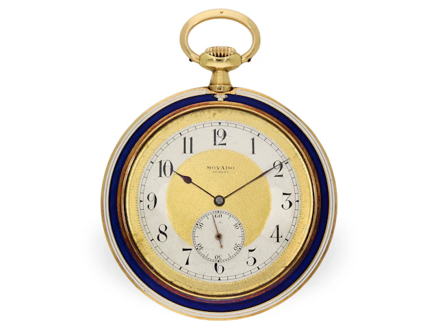 Pocket watch: elegant, ultra-slim Movado gold/enamel dress watch, circa 1920