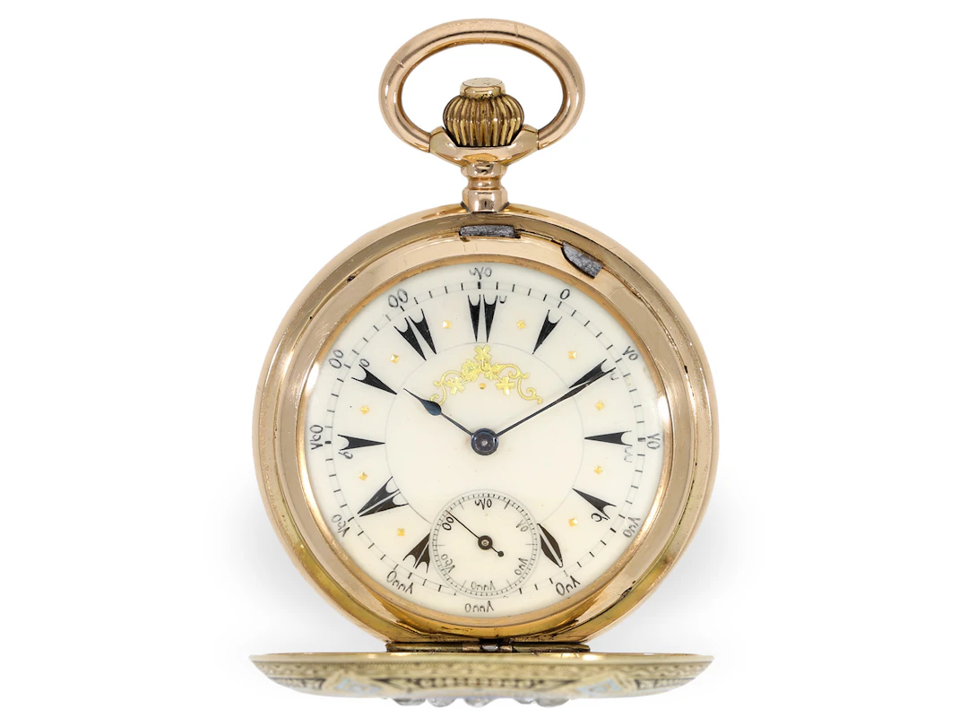 Pocket watch: gold/enamel hunting case pocket watch with diamond setting