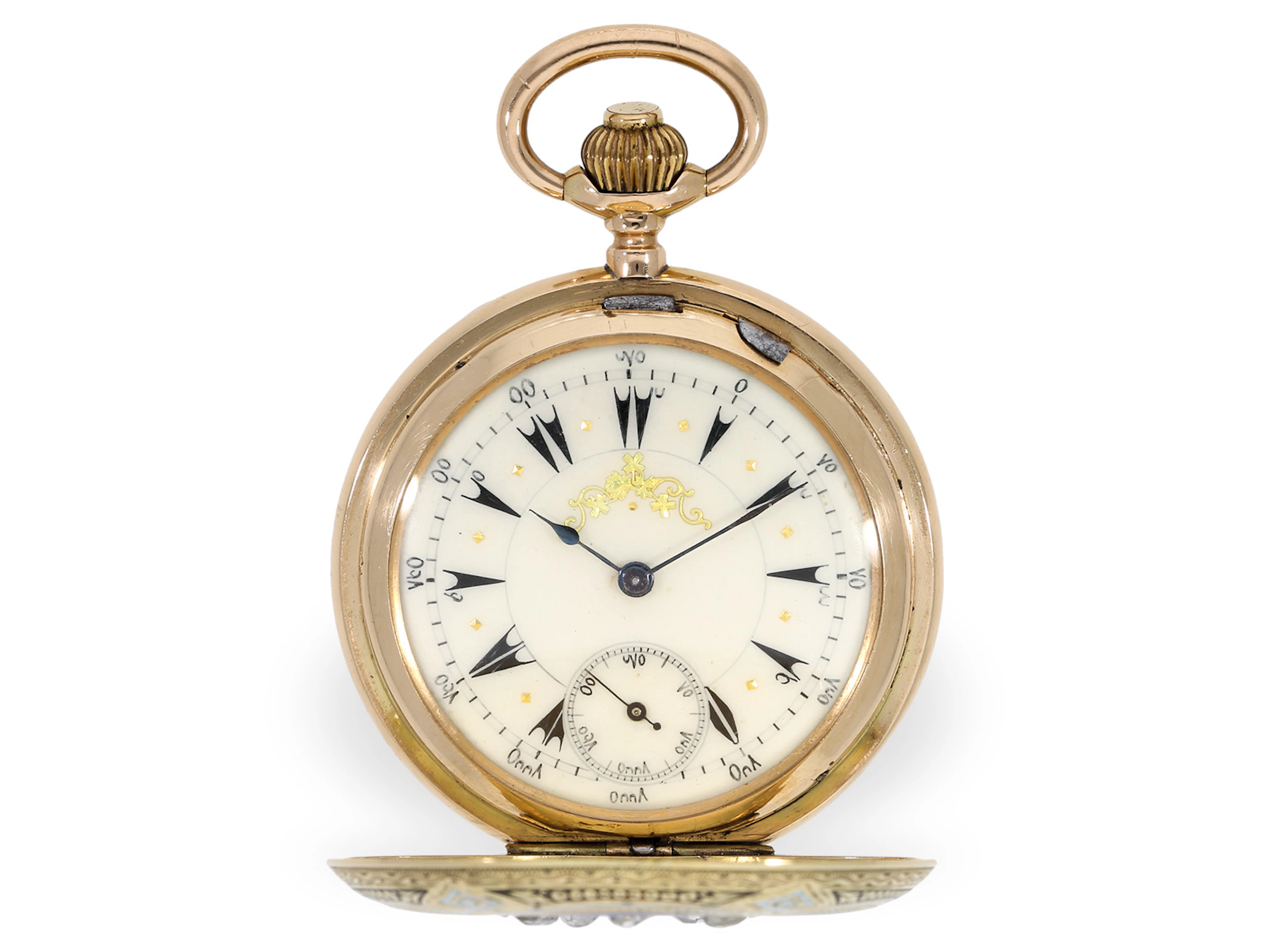 Pocket watch: gold/enamel hunting case pocket watch with diamond setting