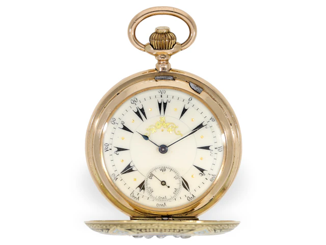 Pocket watch: gold/enamel hunting case pocket watch with diamond setting