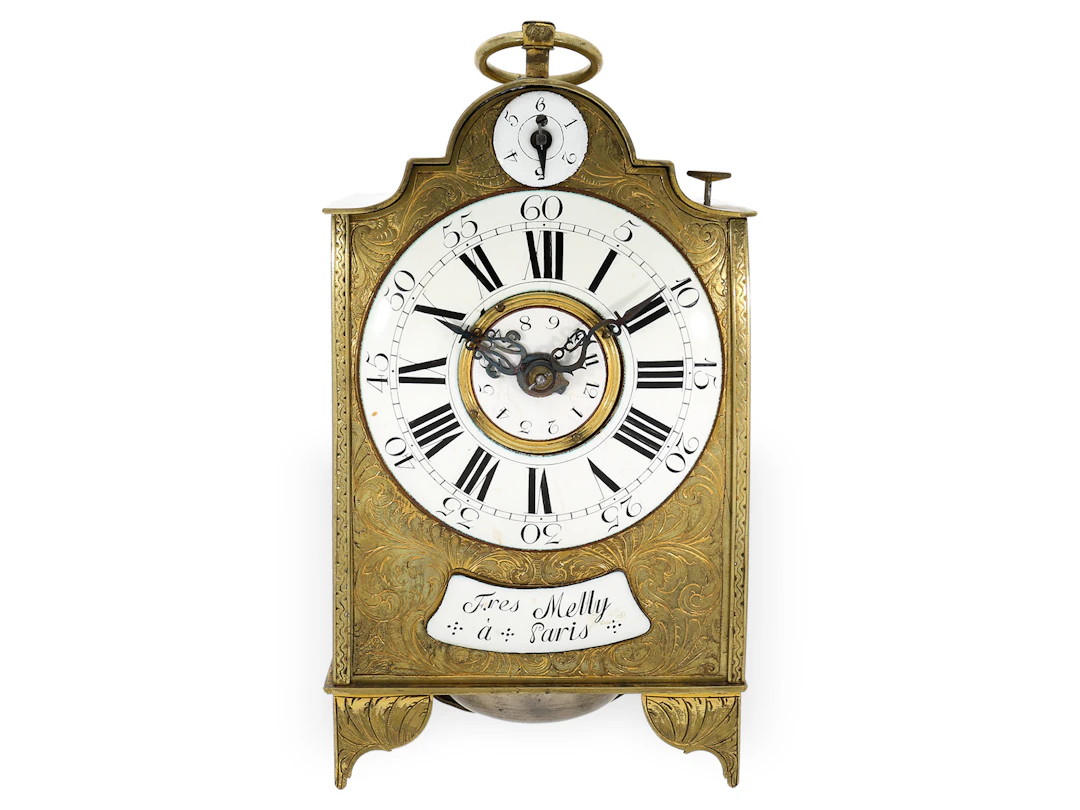Table clock: complicated officers’ travelling clock with 3 barrels
