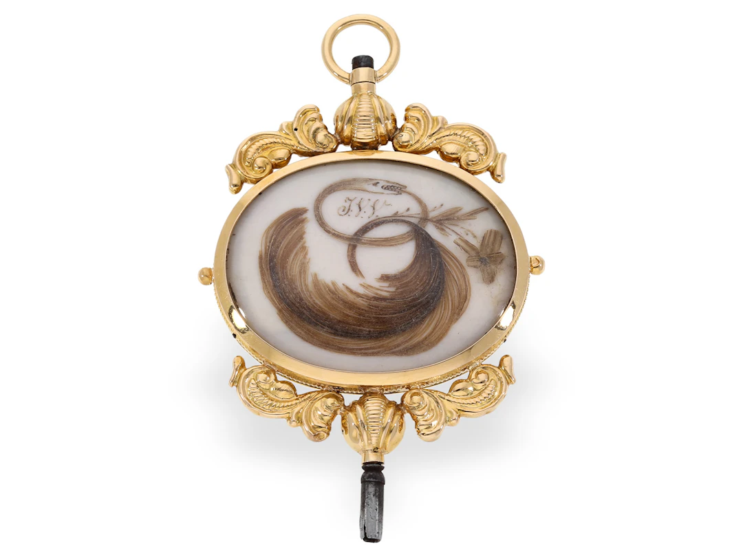 Watch key: large gold ceremonial key with hair decoration, 1834