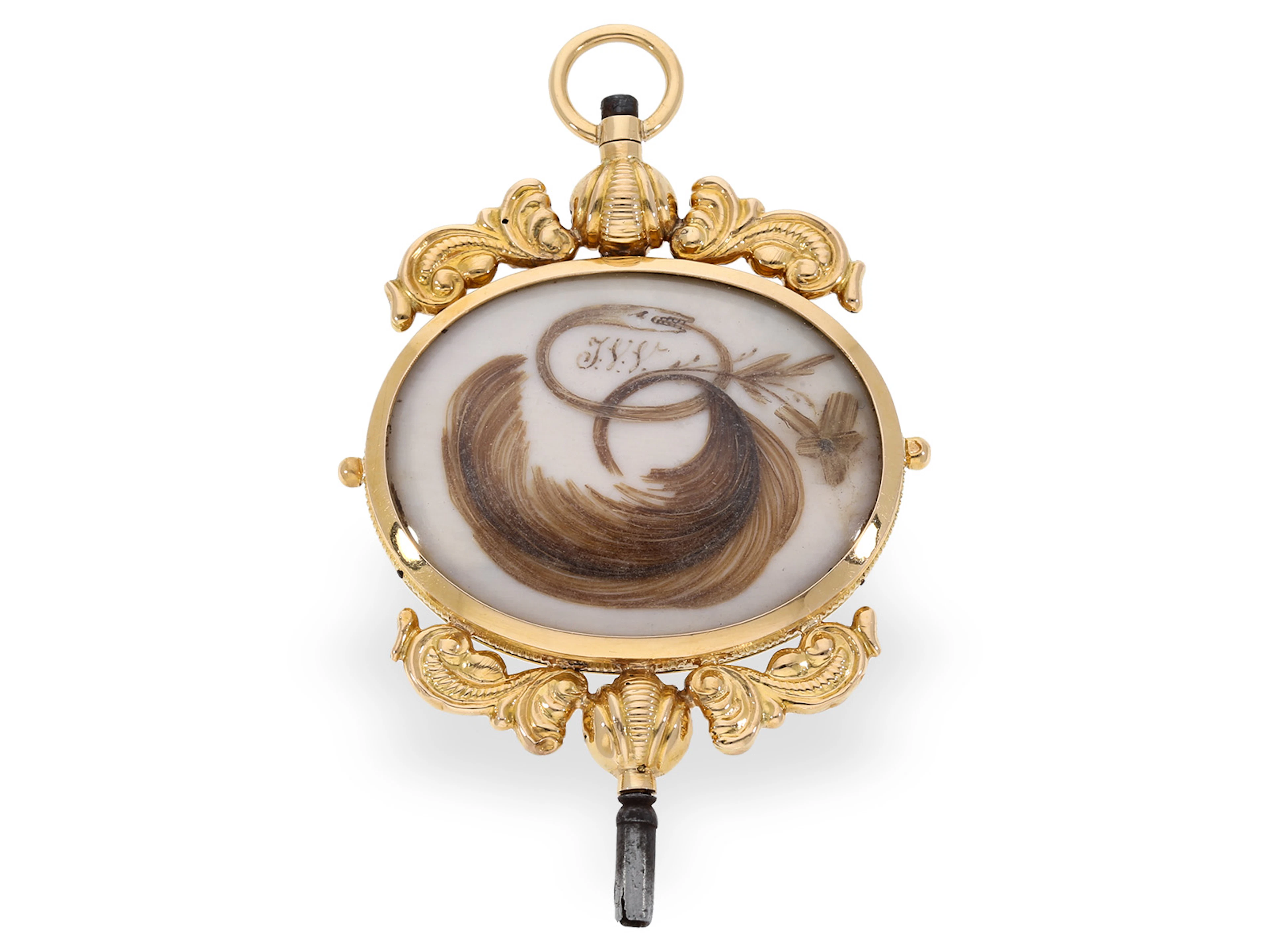 Watch key: large gold ceremonial key with hair decoration, 1834