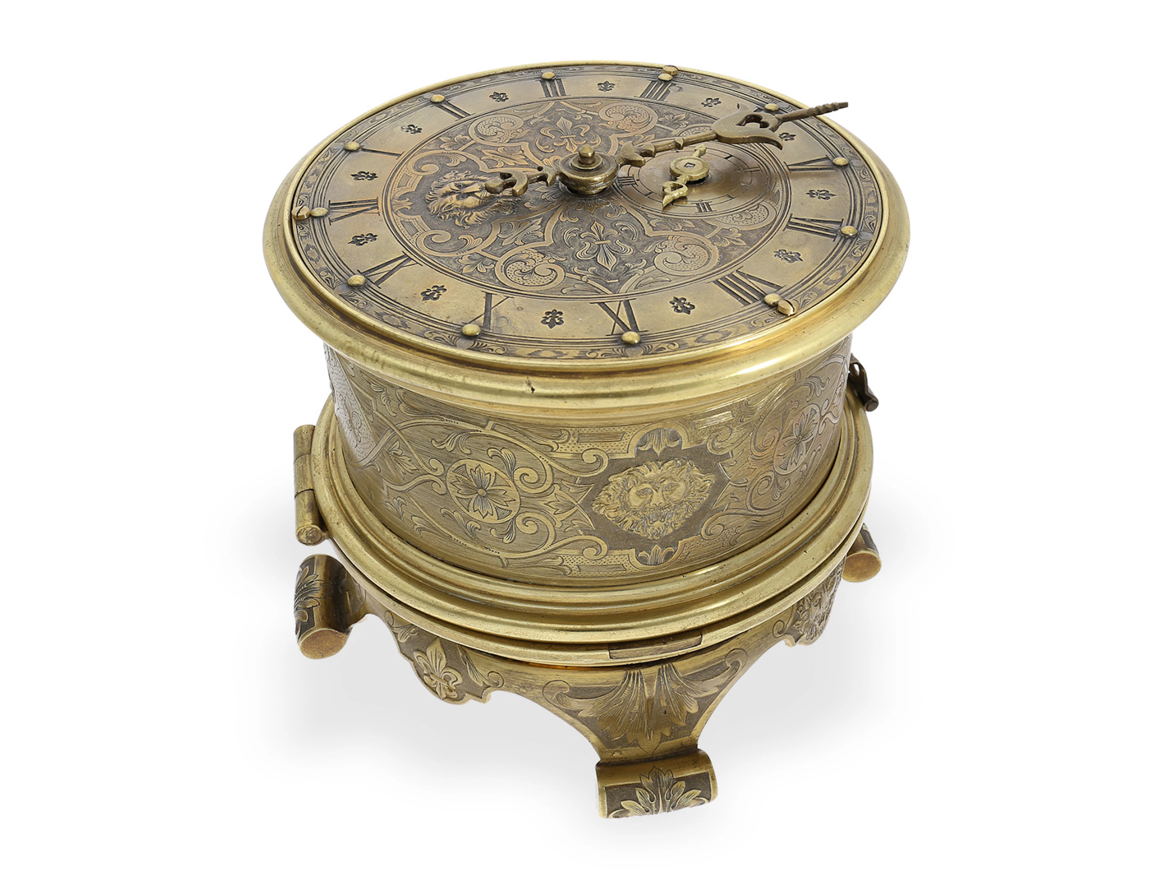 Early drum/horizontal clock: rare Renaissance-style table clock, Johann