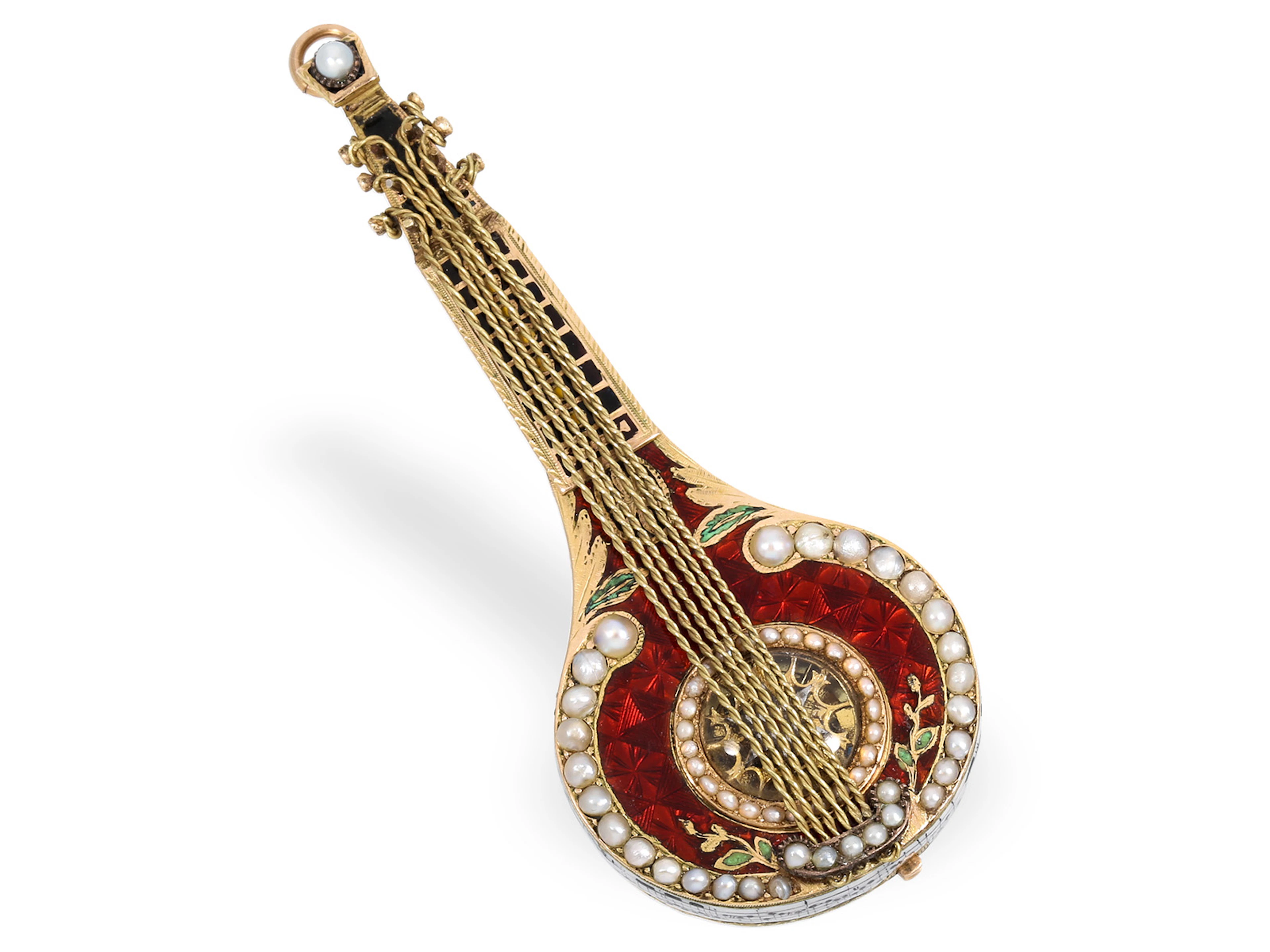 Pocket watch/shaped watch: arguably the rarest gold and enamel mandolin