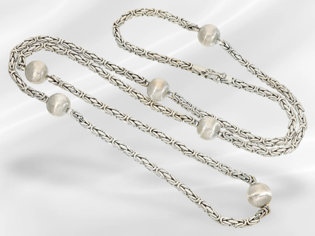 Necklace: long king’s chain with white gold beads, vintage handcrafted