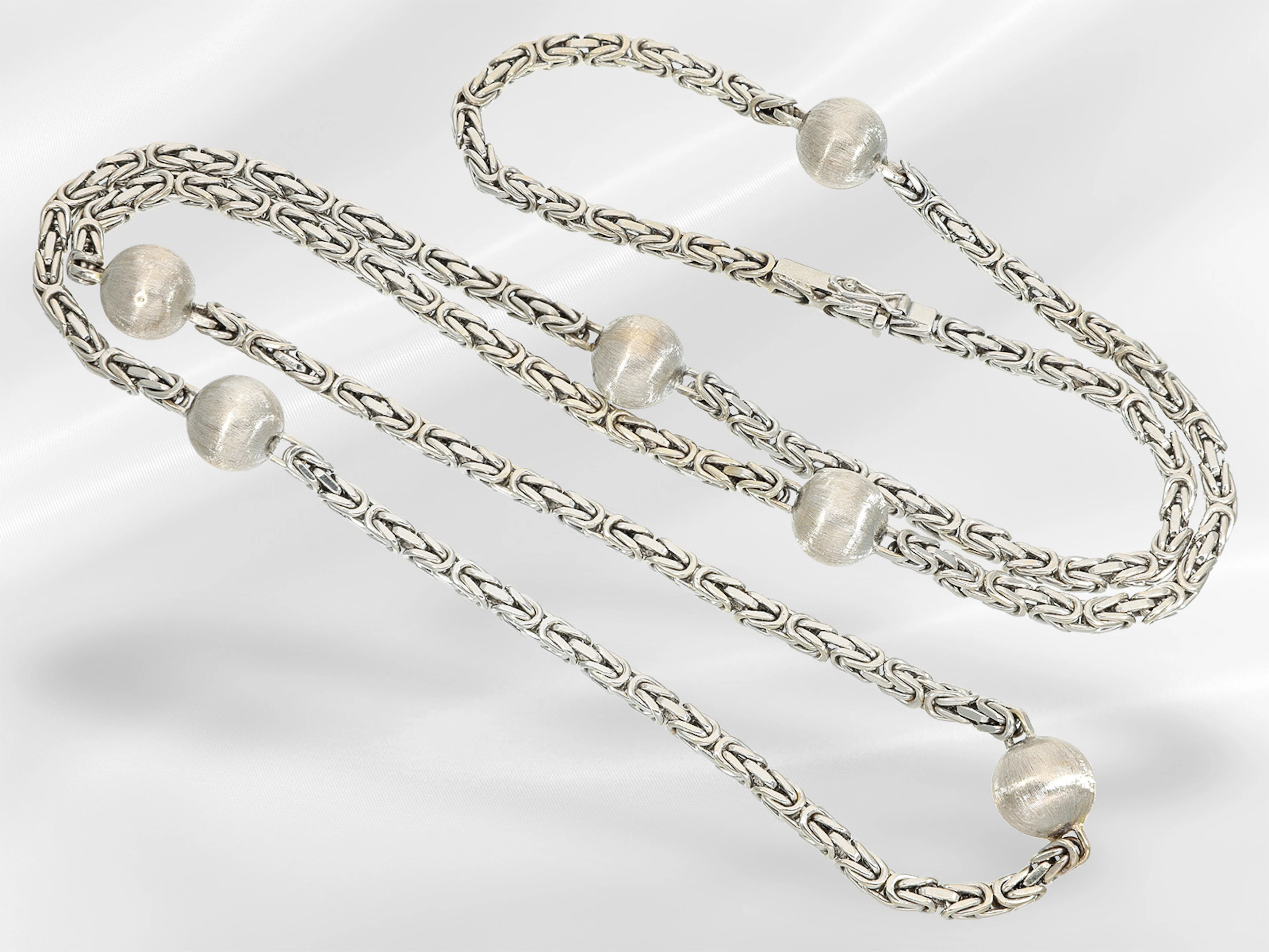 Necklace: long king’s chain with white gold beads, vintage handcrafted