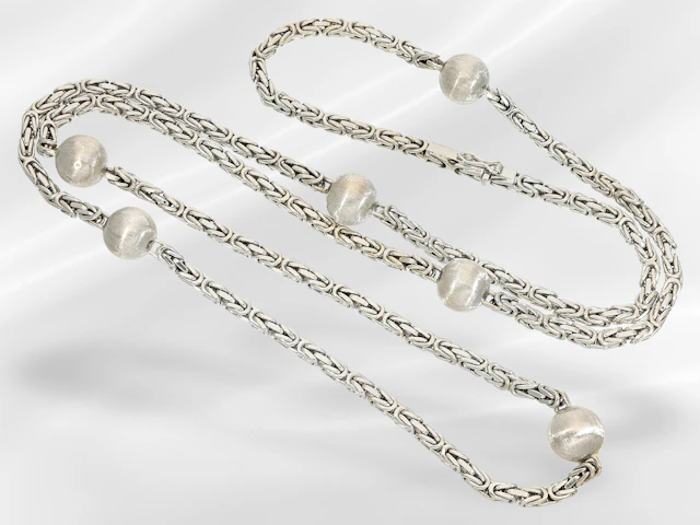 Necklace: long king’s chain with white gold beads, vintage handcrafted