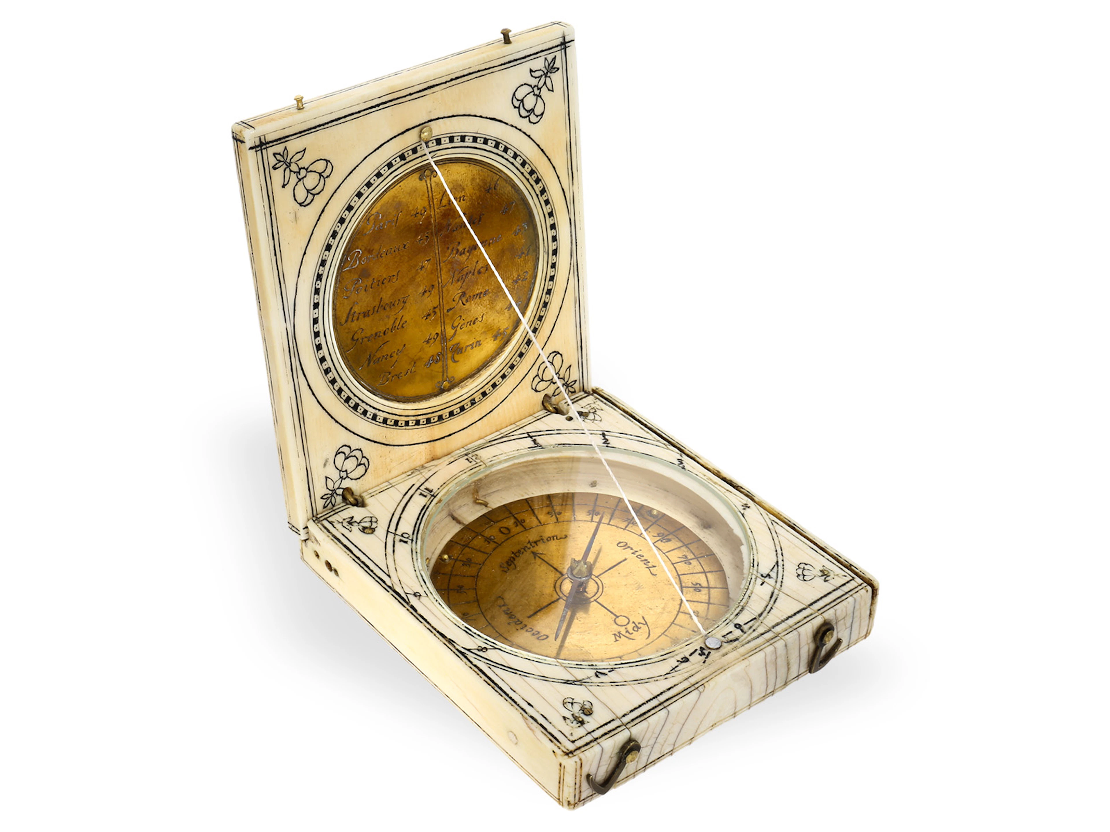 Sundial: a significant, early ivory folding sundial, attributed to