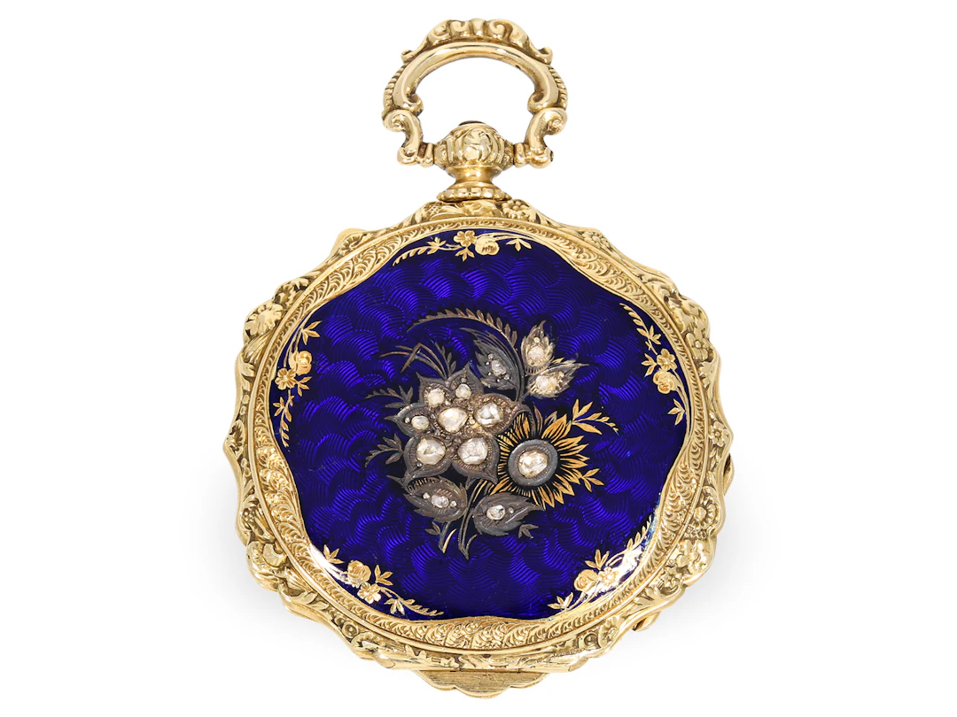 Pocket watch: very fine Geneva gold enamel ‘Lépine’ with diamond setting