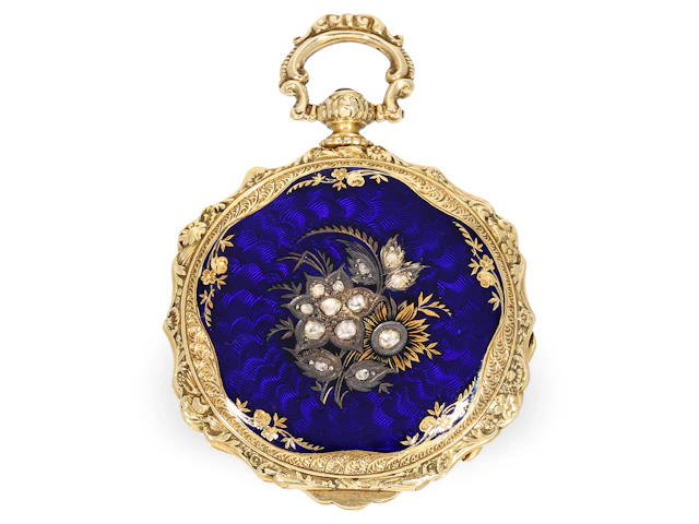 Pocket watch: very fine Geneva gold enamel ‘Lépine’ with diamond setting