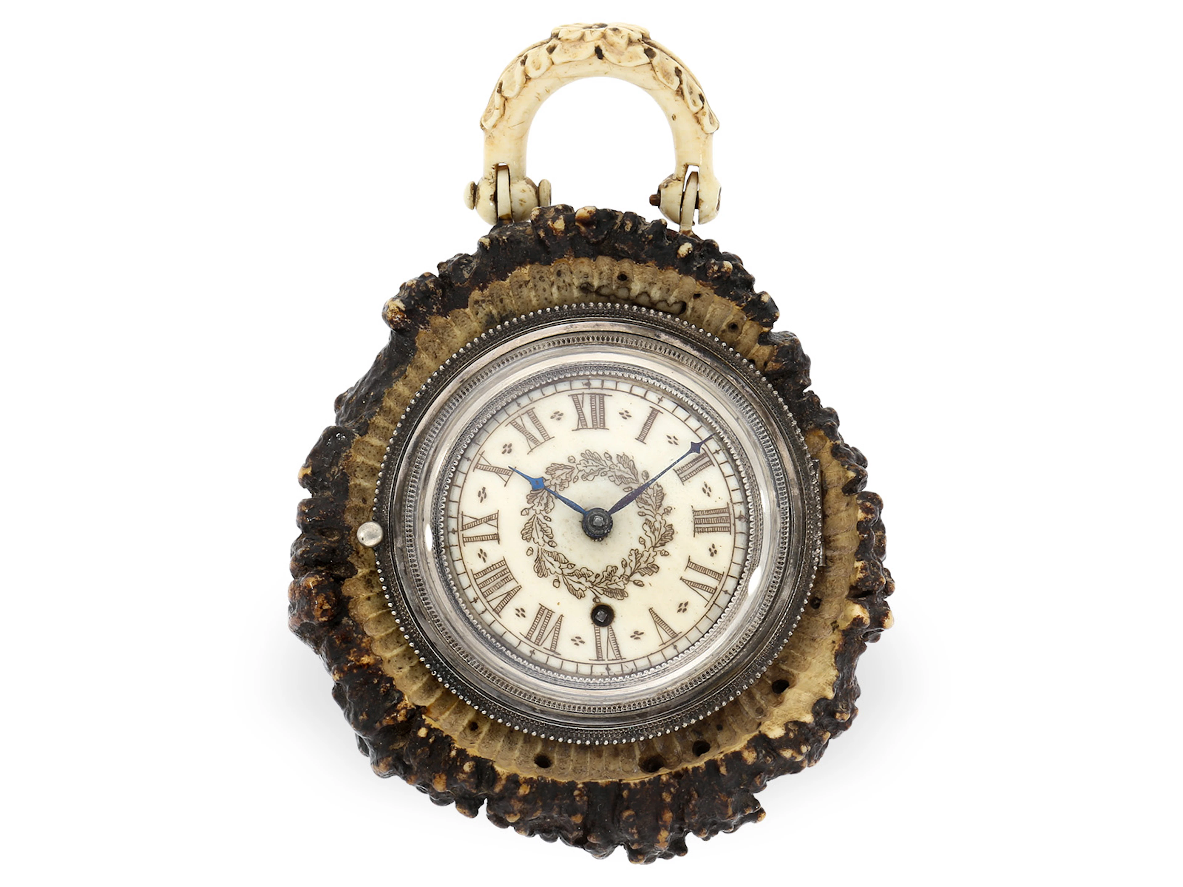 Pocket watch: One-of-a-kind, large verge watch with antler/bone case