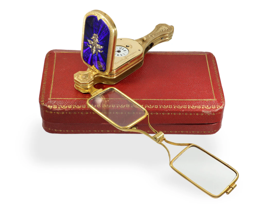 Lorgnette watch: extremely rare gold and enamel lorgnette watch, Girard