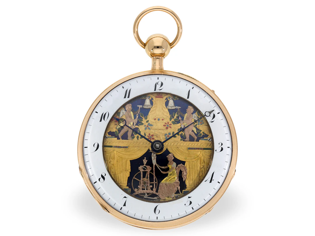 Pocket watch: extremely rare automaton with 5 moves, ‘spinning wheel’
