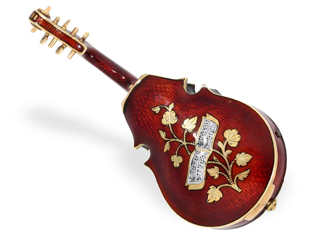 Form watch: a very rare gold and enamel violin with a scent container