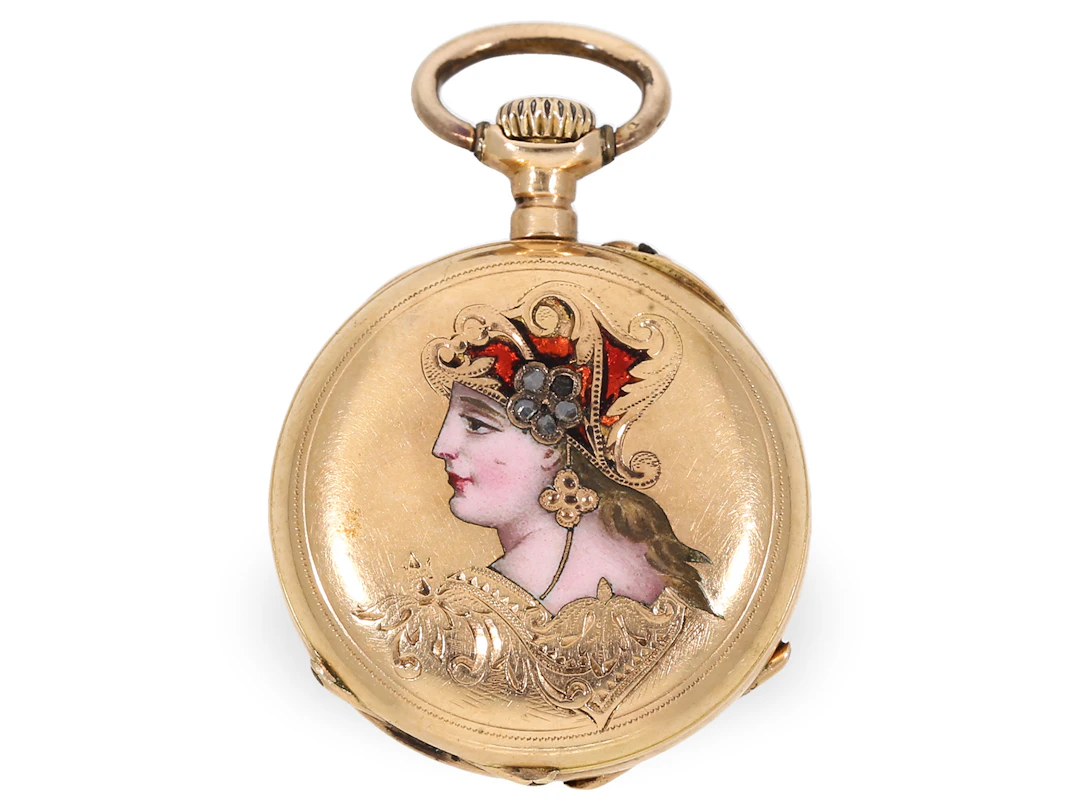 Pocket watch/pendant watch: miniature gold and enamel watch depicting