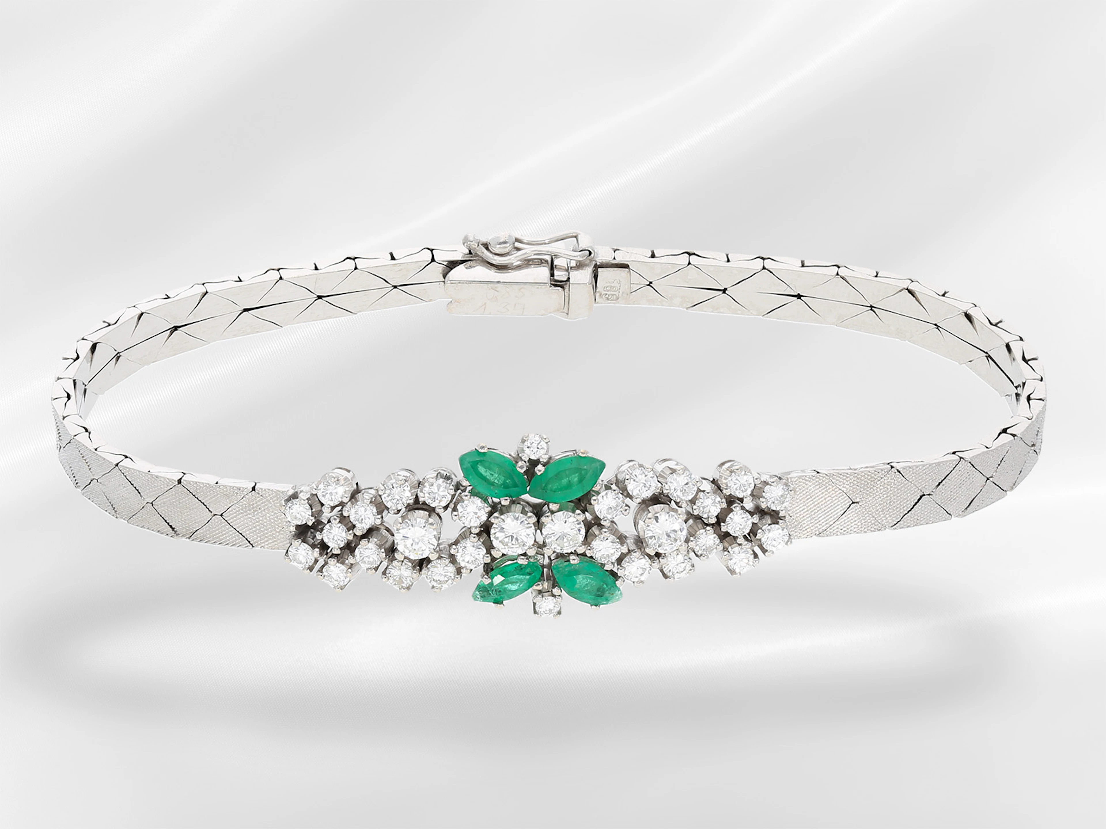 Bracelet: vintage white gold brilliant-cut diamond and emerald jeweller’s
