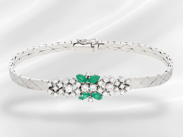 Bracelet: vintage white gold brilliant-cut diamond and emerald jeweller’s