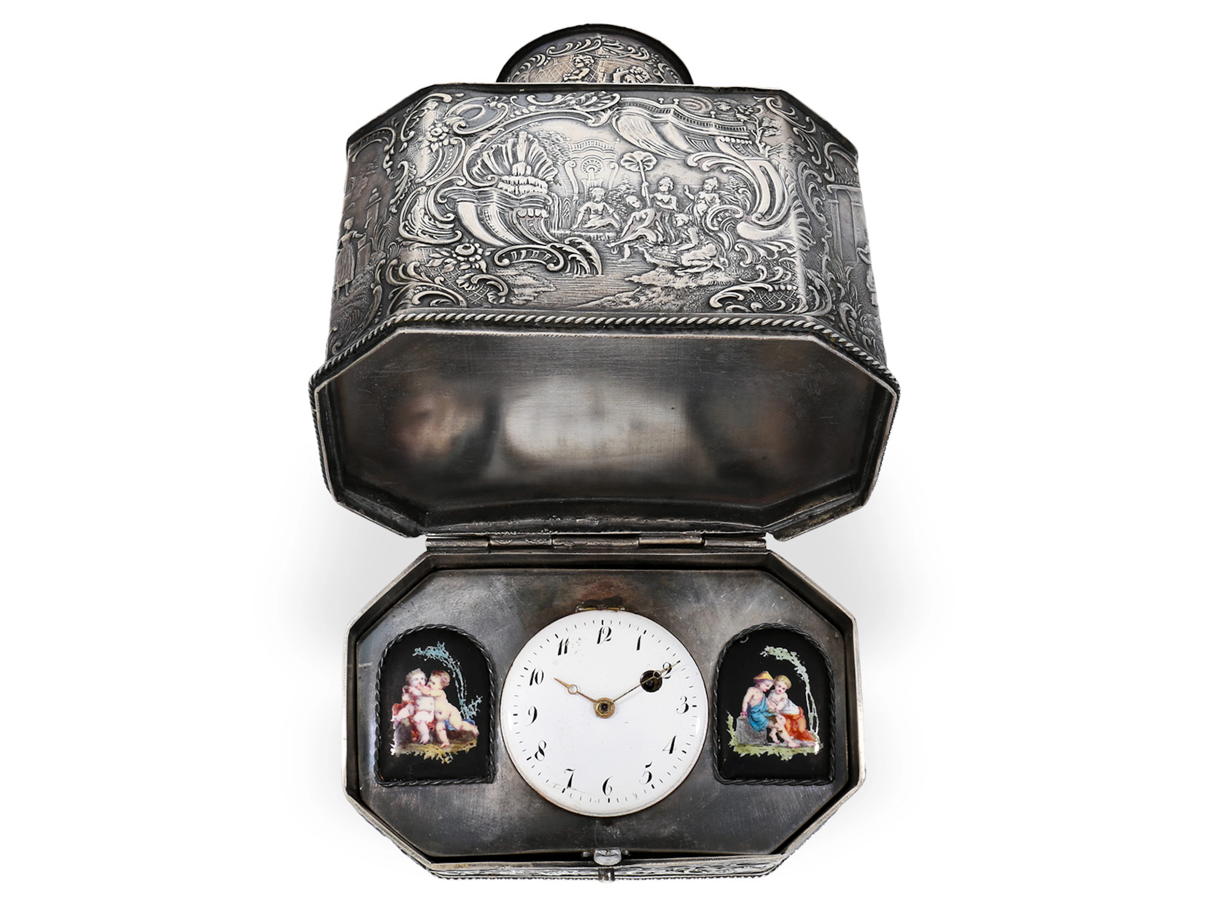Hip flask/bottle with concealed watch, silver, probably from southern