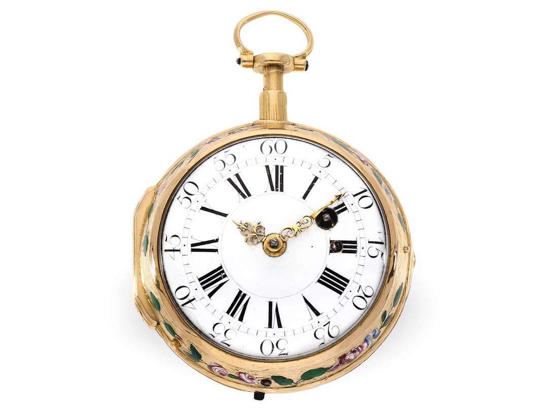 Pocket watch: very fine gold and enamel verge movement with à-toc