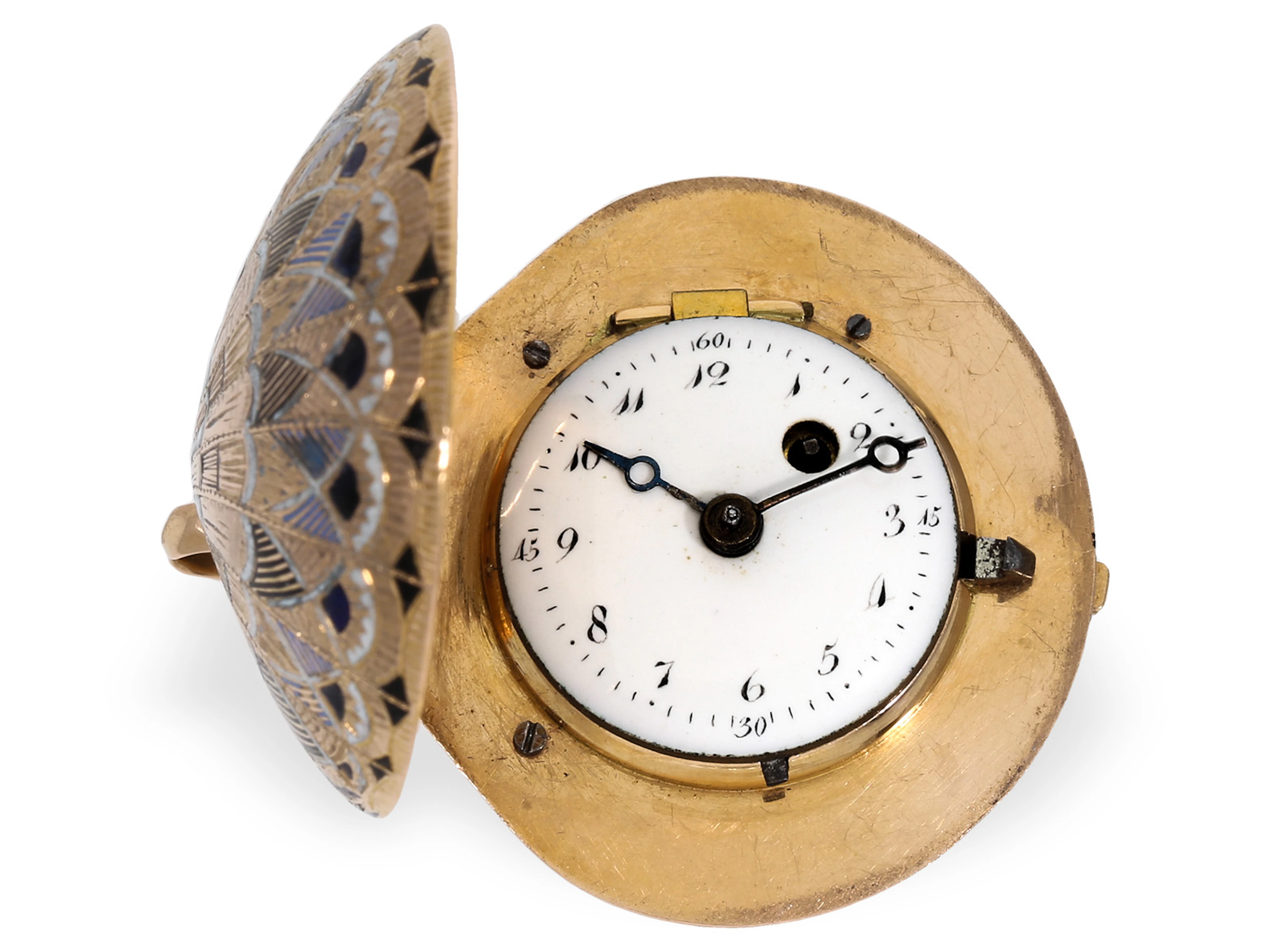 Pendant watch: gold/enamel ‘shell’-shaped watch, probably Geneva, c. 1810