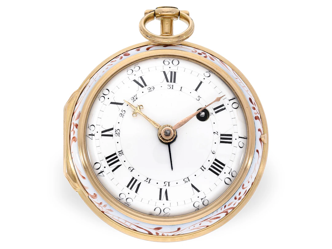 Pocket watch: gold verge watch with a very rare porcelain case, Guy