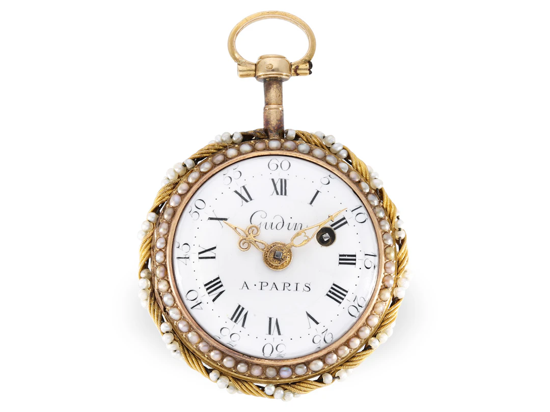 Pocket watch: gold/enamel verge watch with exceptional pearl decoration