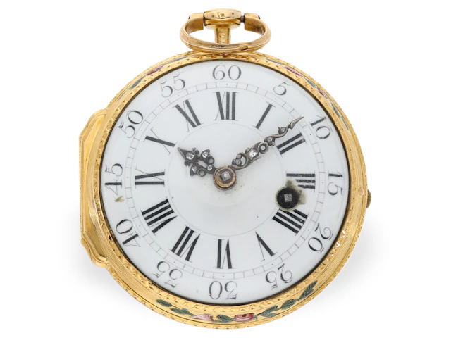 Pocket watch: attractive, large Rococo gold and enamel verge watch