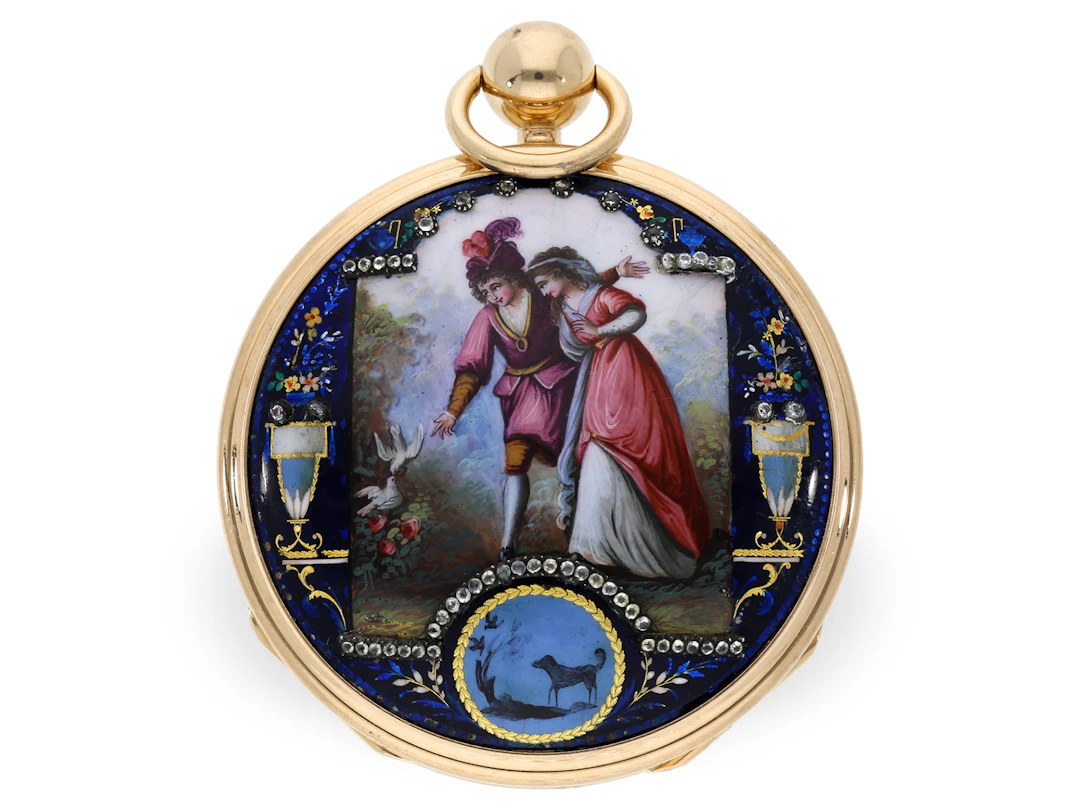 Pocket watch: important Le Roy gold and enamel watch, 61 mm in diameter