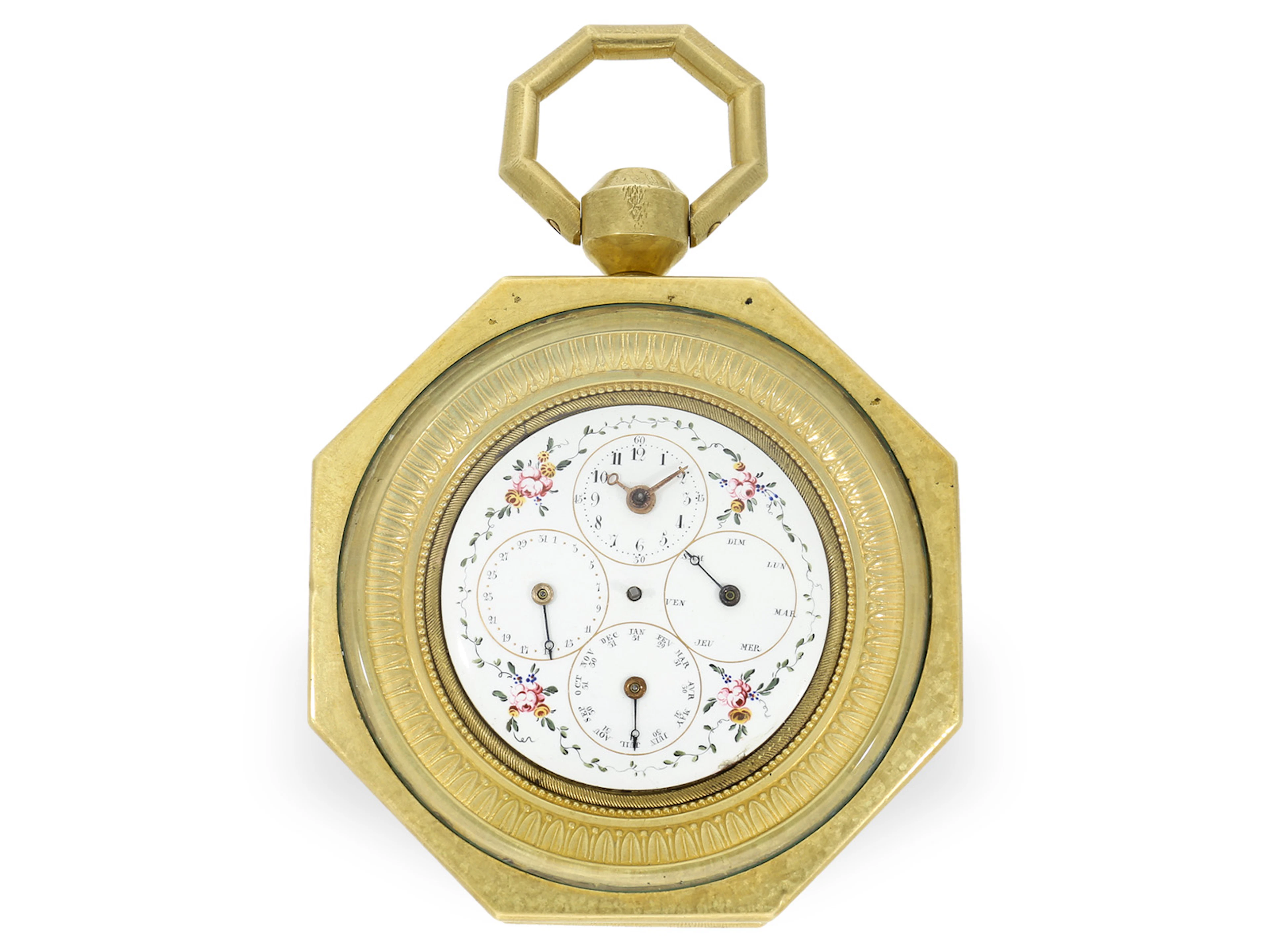 Travel clock/carriage clock: complicated calendar watch with enamel
