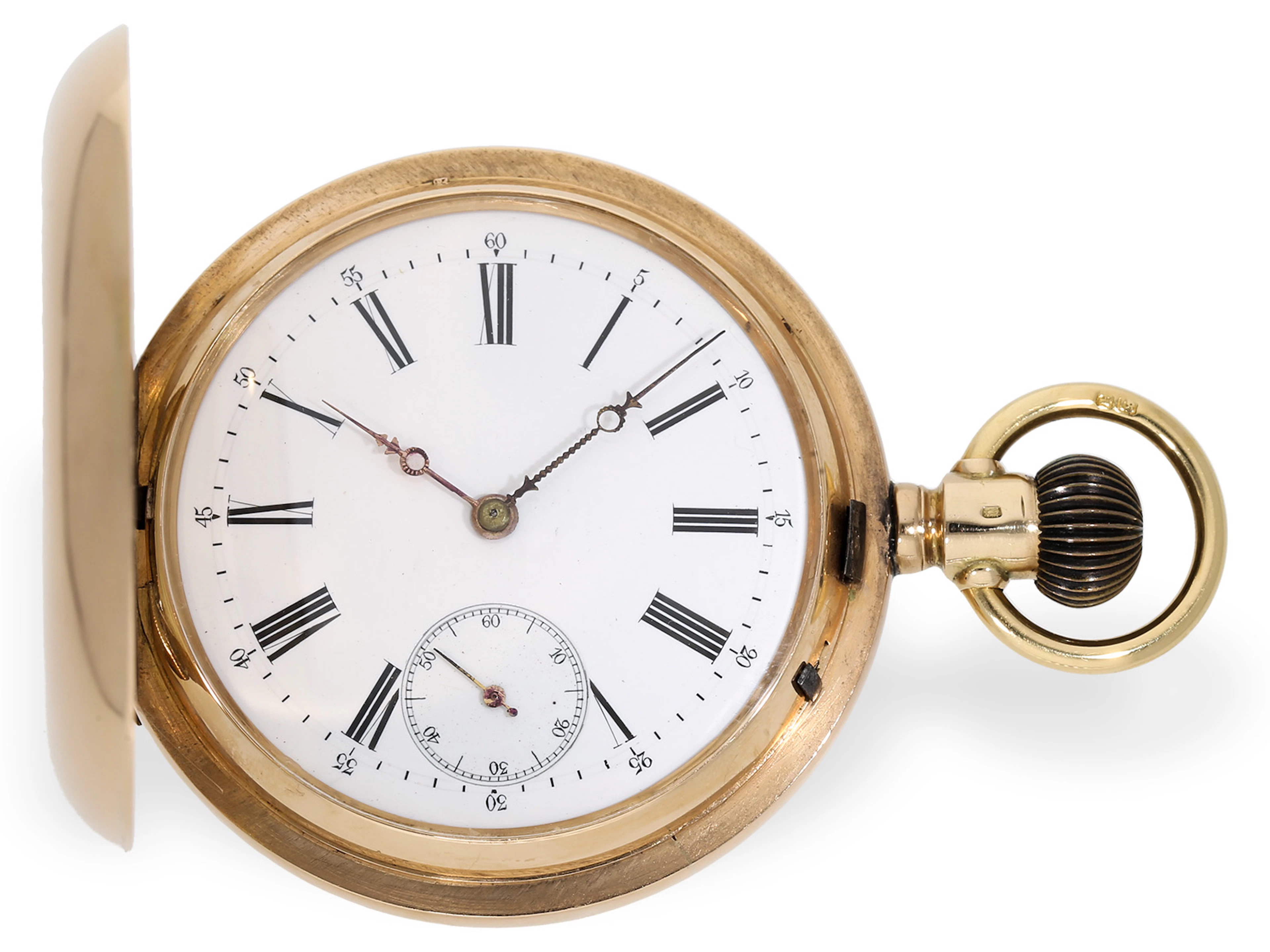 Pocket watch: gold hunting case pocket watch with calendar on the