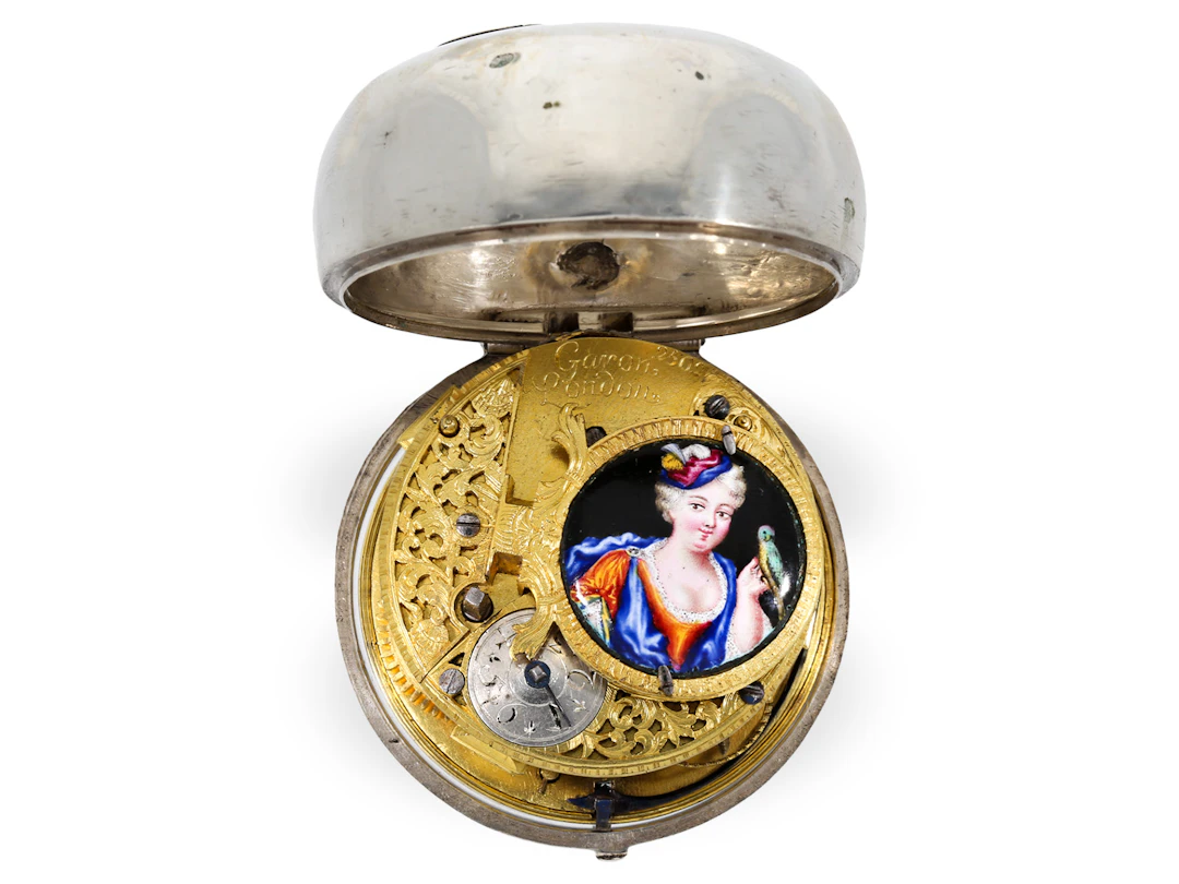 Pocket watch: extremely rare English pocket watch with enamel plaque