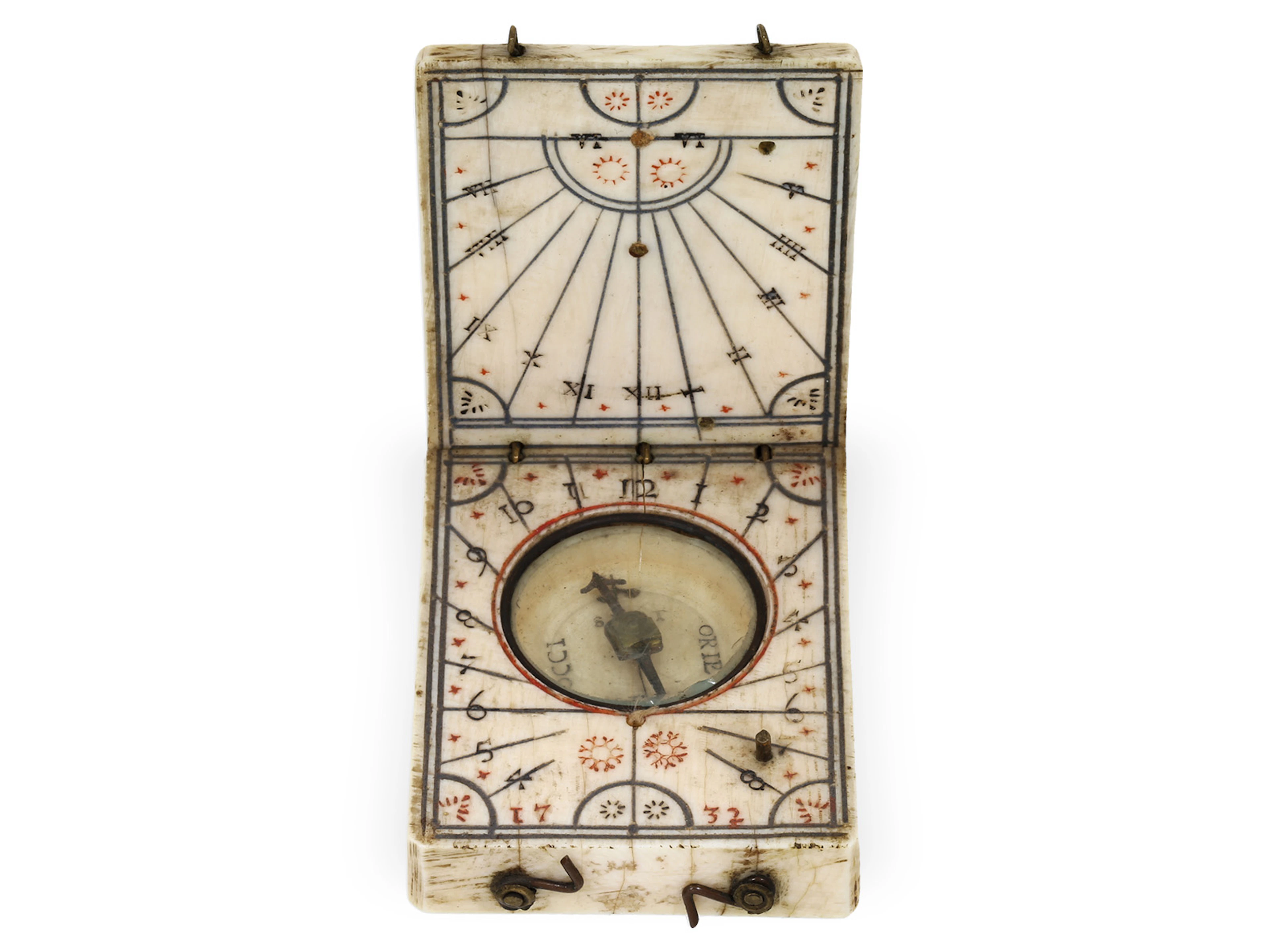 Rare miniature sundial with compass and calendar, Nuremberg, dated 1732