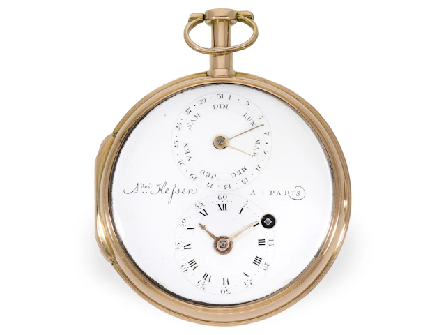 Pocket watch: rare verge watch with calendar, André Hessen, Paris, circa 1780