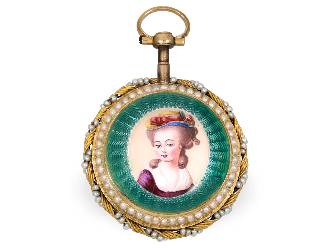 Pocket watch: gold/enamel verge watch with exceptional pearl decoration