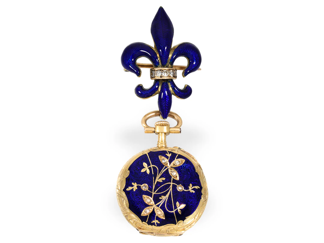 Pendant watch: gold and enamel ladies’ watch set with diamonds and