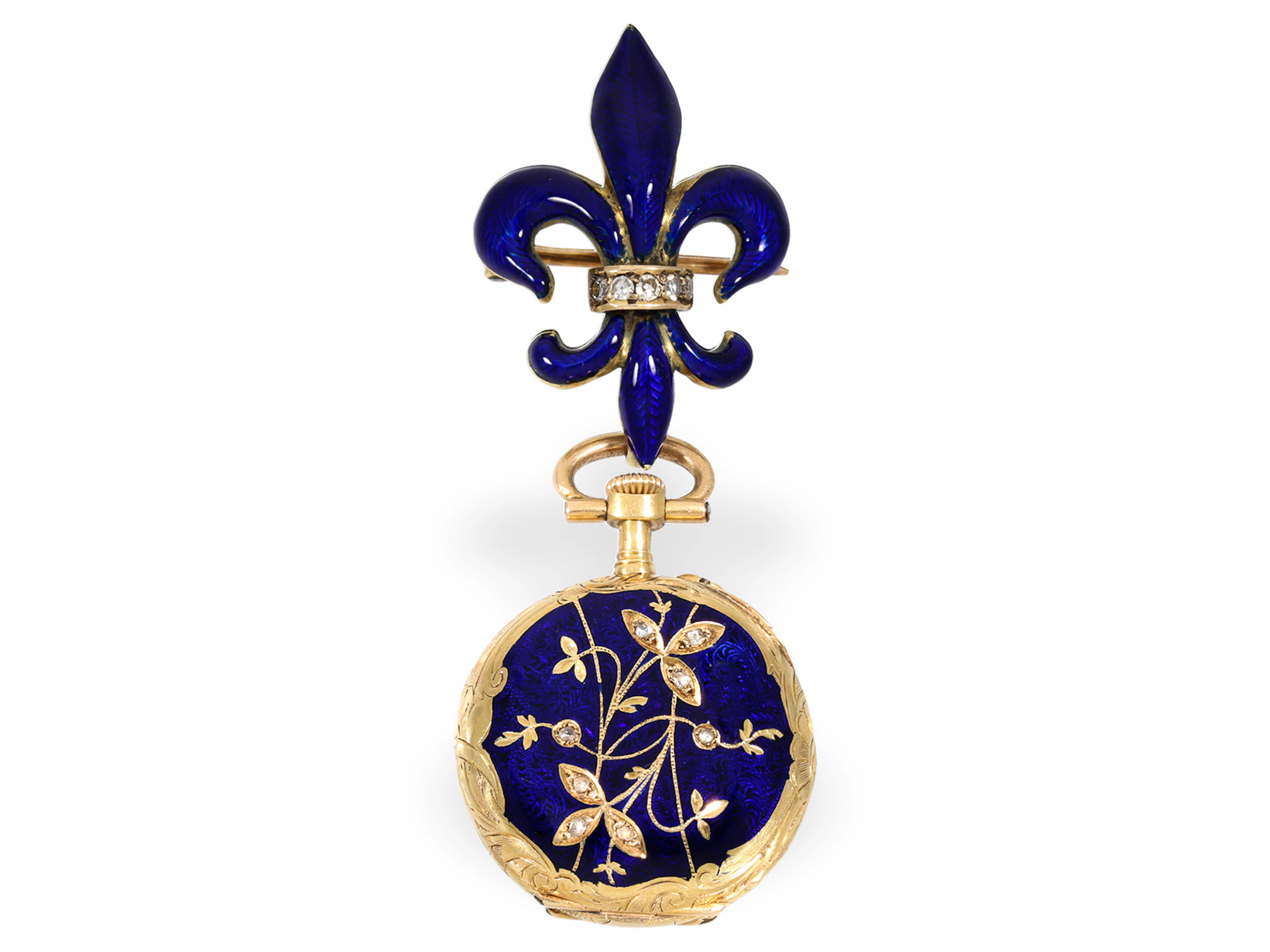Pendant watch: gold and enamel ladies’ watch set with diamonds and