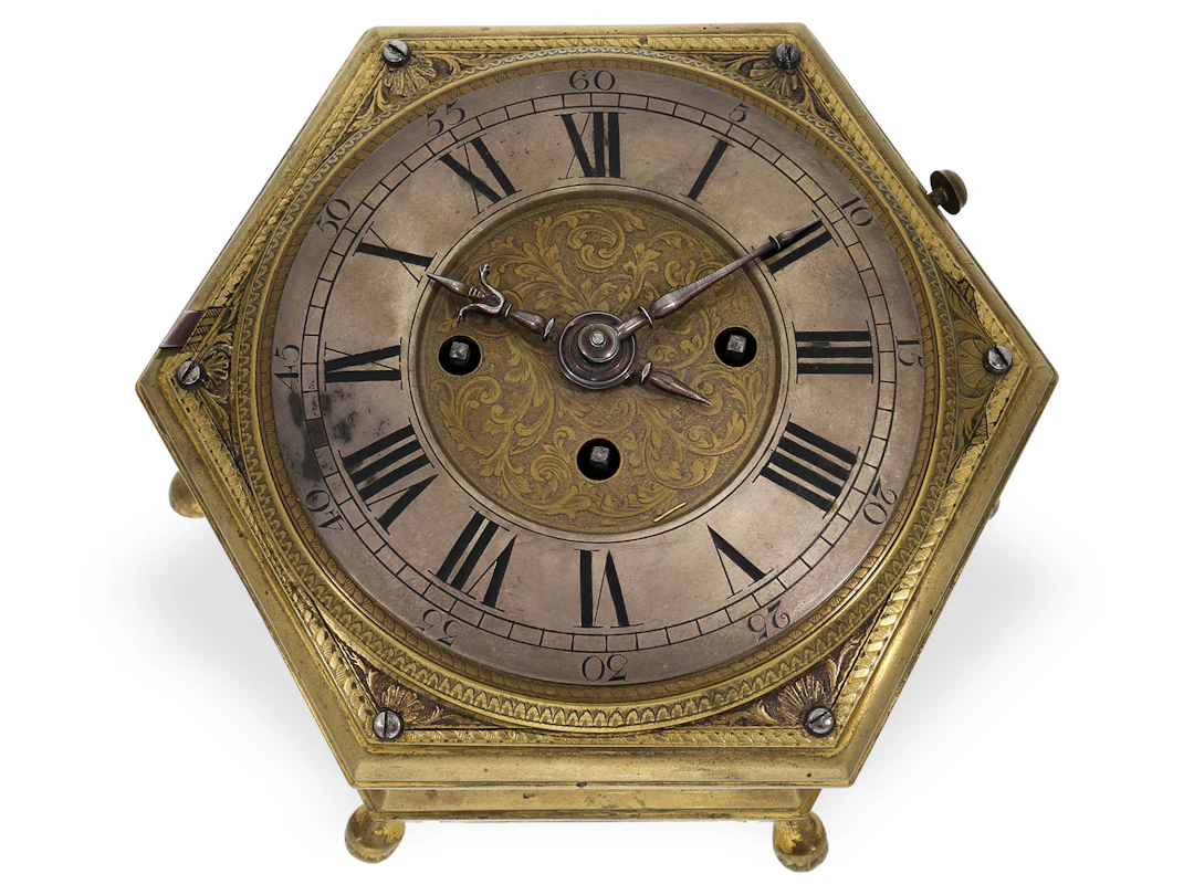 Table clock: significant, highly complicated horizontal clock with