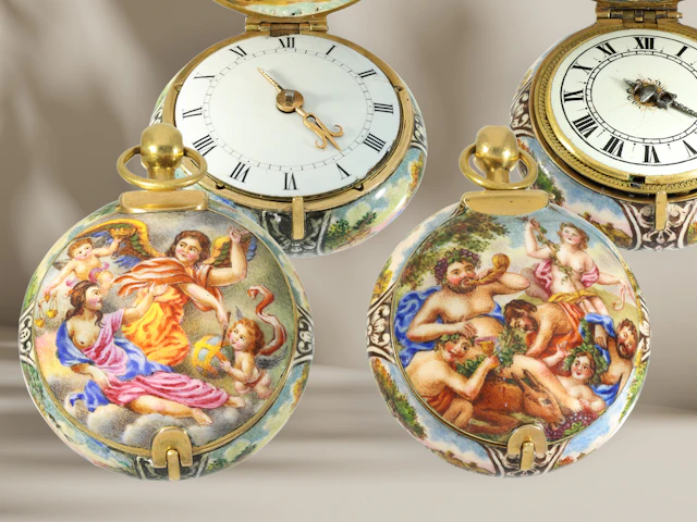 Pendant watch: a significant, unique pair of gold and enamel pendant