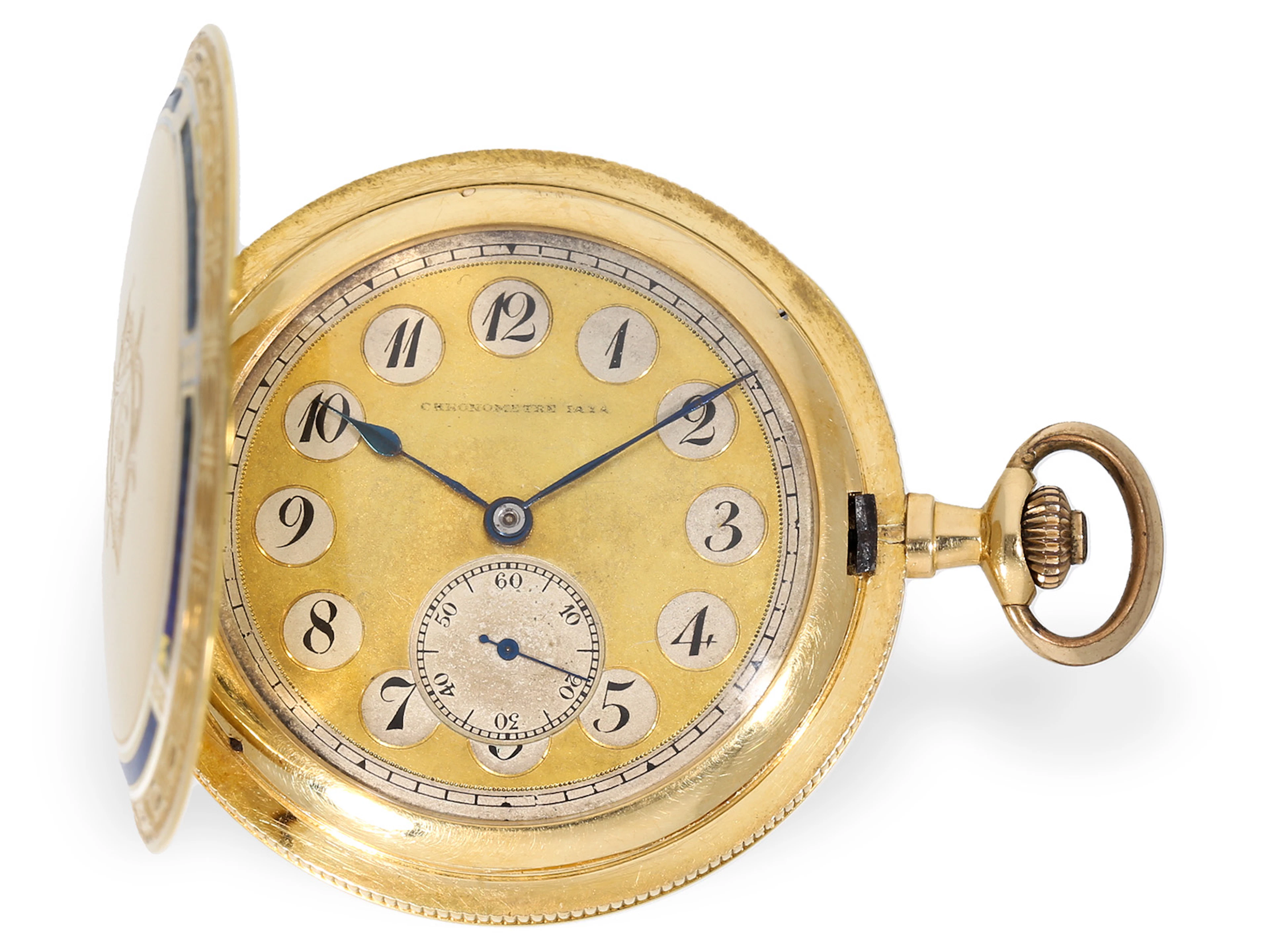 Pocket watch: attractive gold and enamel hunting case pocket watch